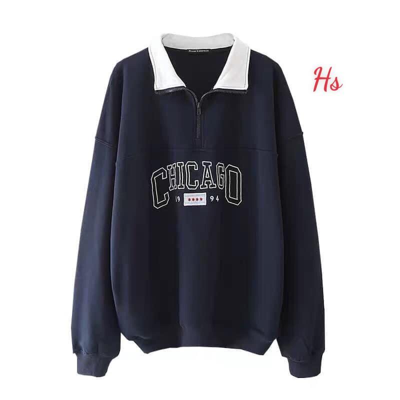 Áo Sweater Nỉ Cổ Khóa CHICAGO 1994, FORUYFS 1998 Cổ Bẻ Chữ In