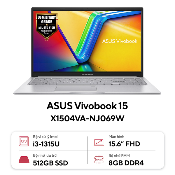 Laptop Asus Vivobook 15 (X1504VA-NJ069W) / Bạc/ Intel Core i3-1315U Processor (upto 4.5Ghz, 10MB)/ RAM 8GB/ 512GB SSD/ Intel UHD Graphics/ 15.6inch FHD/ Win 11H/ 2Yrs - Hàng Chính Hãng