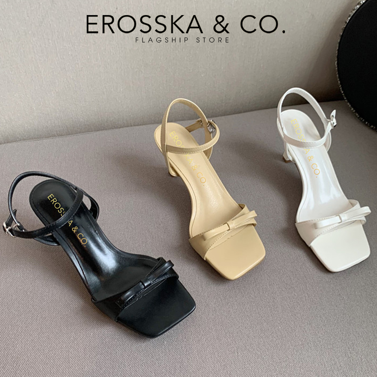 Erosska - Giày sandal cao gót nhọn quai ngang phối nơ thời trang công sở cao 7cm - EB056