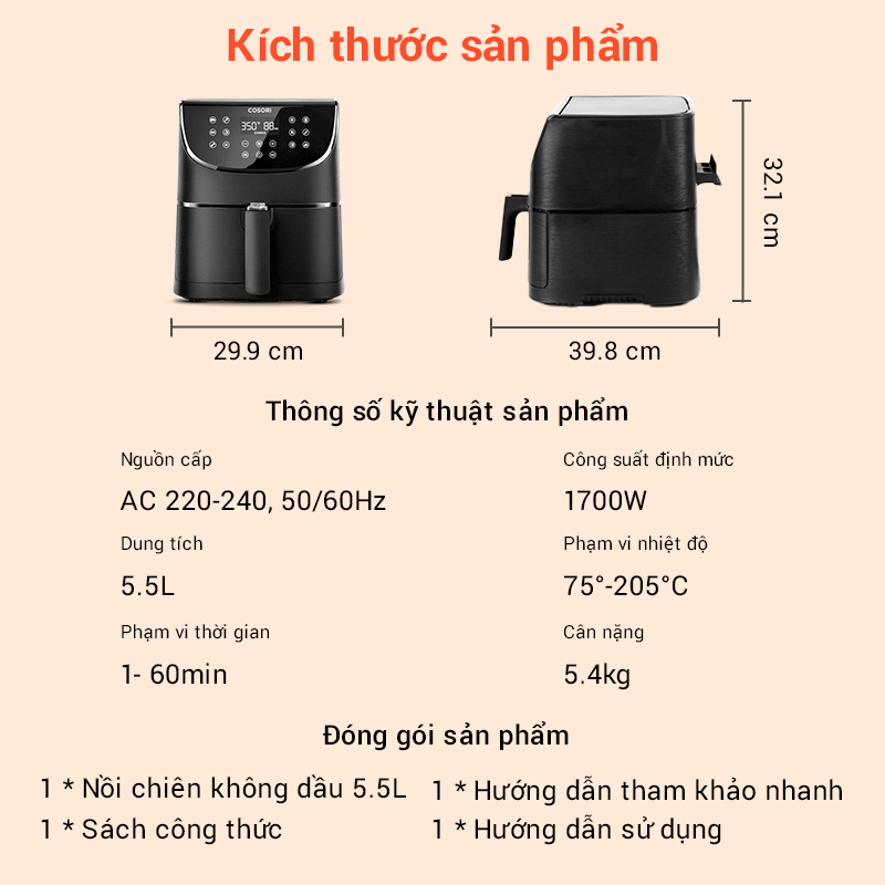 Nồi Chiên Không Dầu 5.5L COSORI CP158-AF Màu Đen - Hàng Chính Hãng