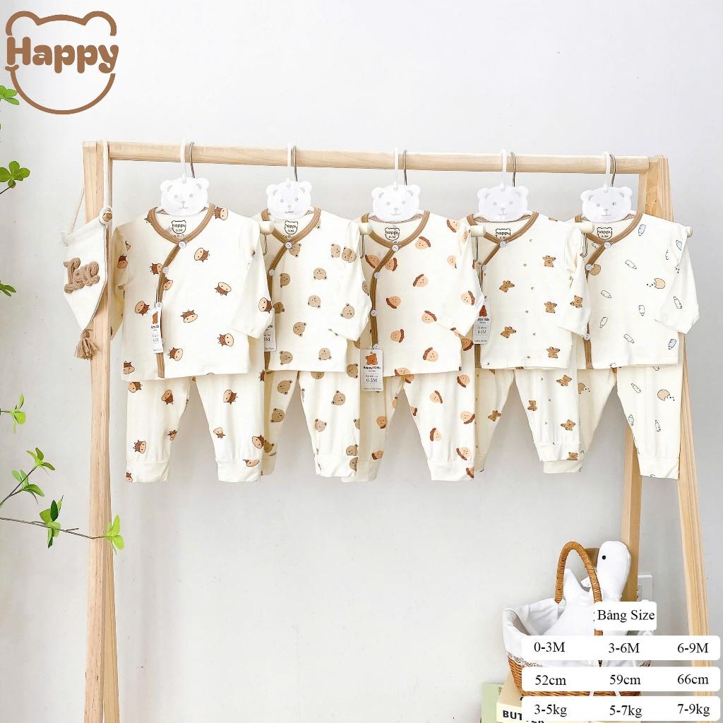 [3-8kg] Bộ Quần Áo Sơ Sinh Dài Tay Thun Lạnh NỀN KEM VIỀN NÂU Mềm, Mát, Có Đáp Đũng Mặc Tã Thoải Mái - Gấu Sao