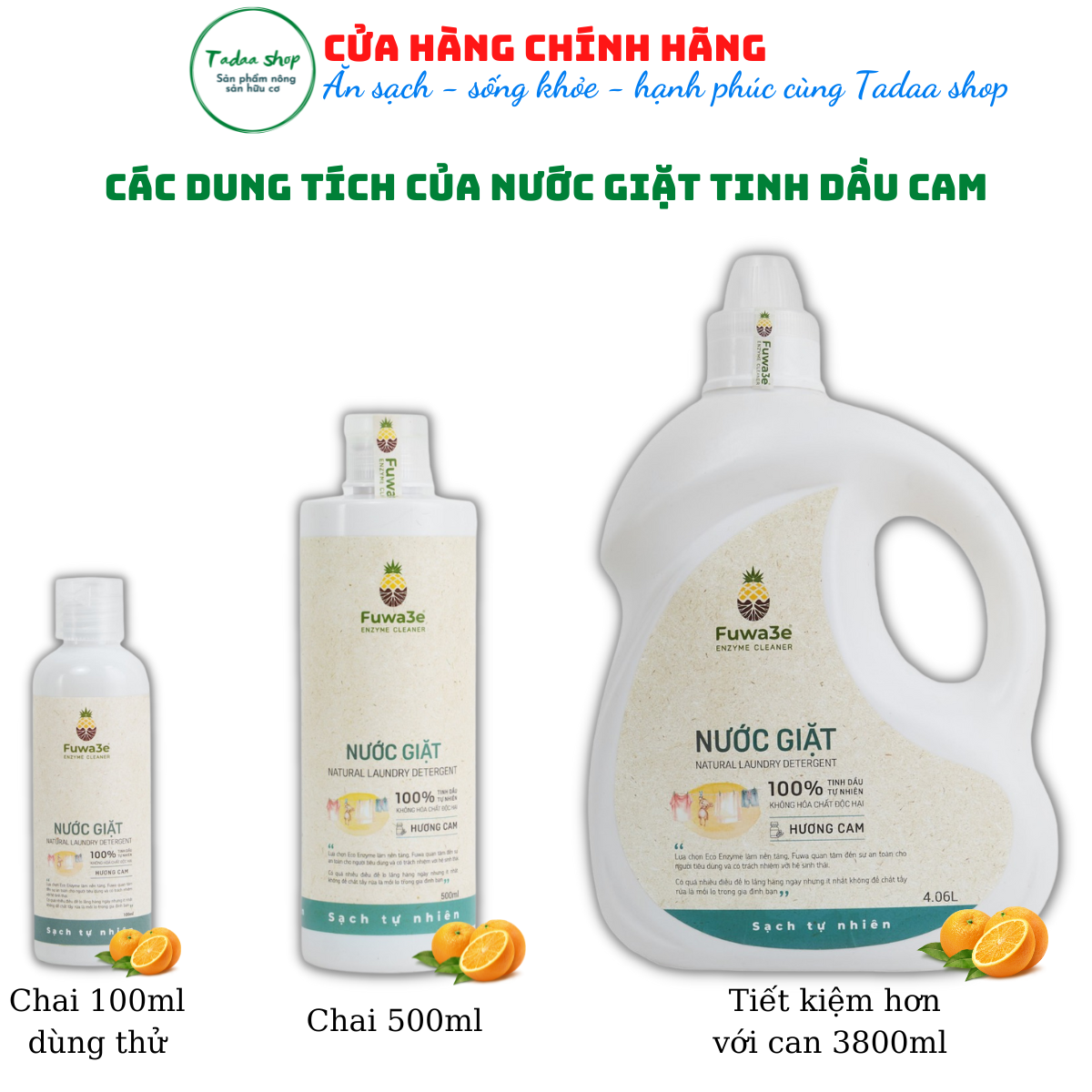 Nước giặt sinh học hữu cơ Fuwa3e tiết kiệm nước, cực sạch, an toàn cho bé hương cam can 4060ml