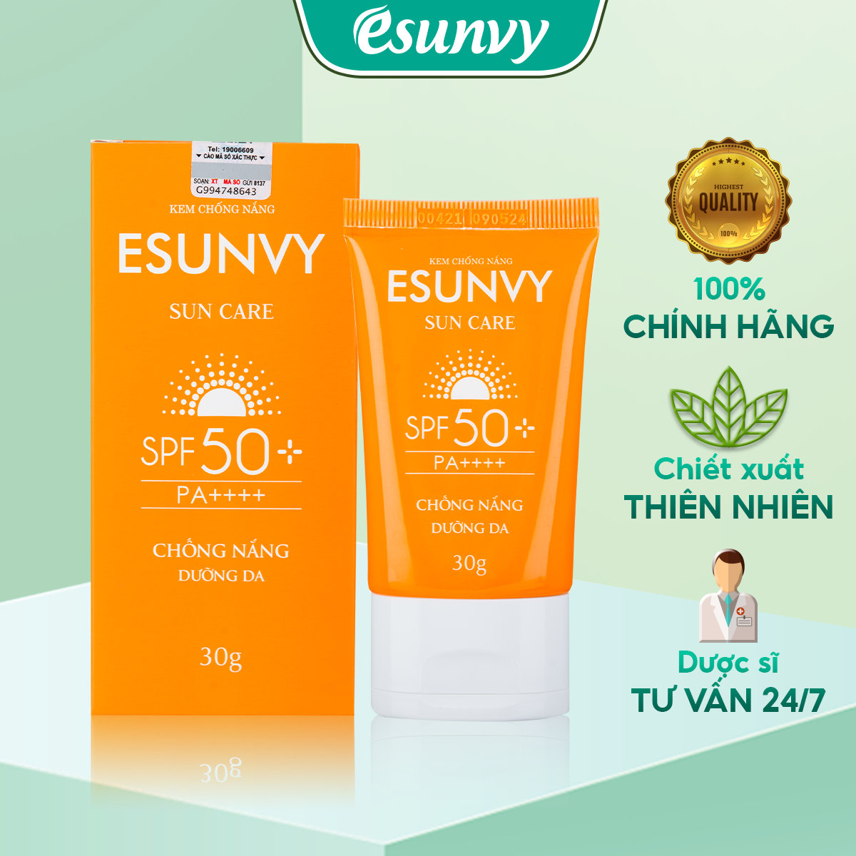 Kem Chống Nắng ESUNVY SUN CARE SPF50+/PA++++ Bảo Vệ Da, Hạn Chế Lão Hóa, Không Thấm Nước Và Bóng Nhờn Tuýp 30g TMP019