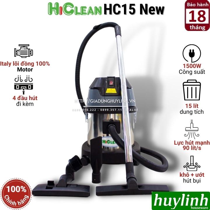 Máy hút bụi công nghiệp khô và ướt Hiclean HC15 New - Dung tích 15 lít - Công suất 1500W - Hàng chính hãng