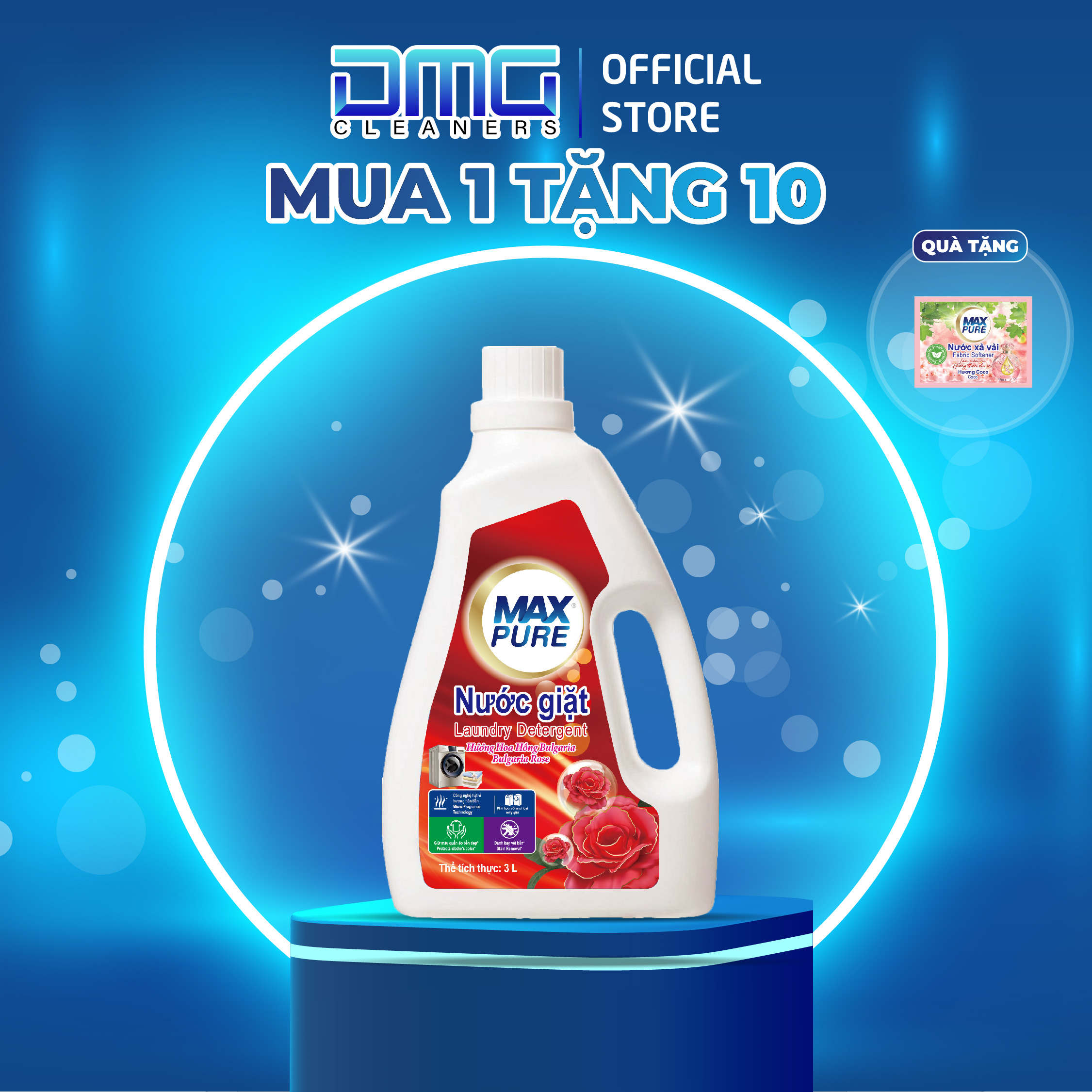 Chai nước giặt Maxpure Hương Hoa Hồng Bulgaria 3L - TẶNG 1 dây 10 gói nước xả hương CoCo