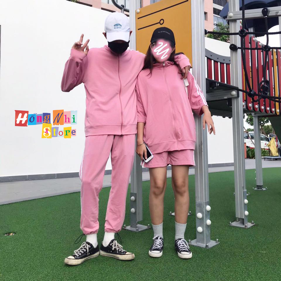Set Bộ Thể Thao Unisex Áo Khoác Tay Ngắn Quần Lửng Màu Hồng Cao Cấp - MM