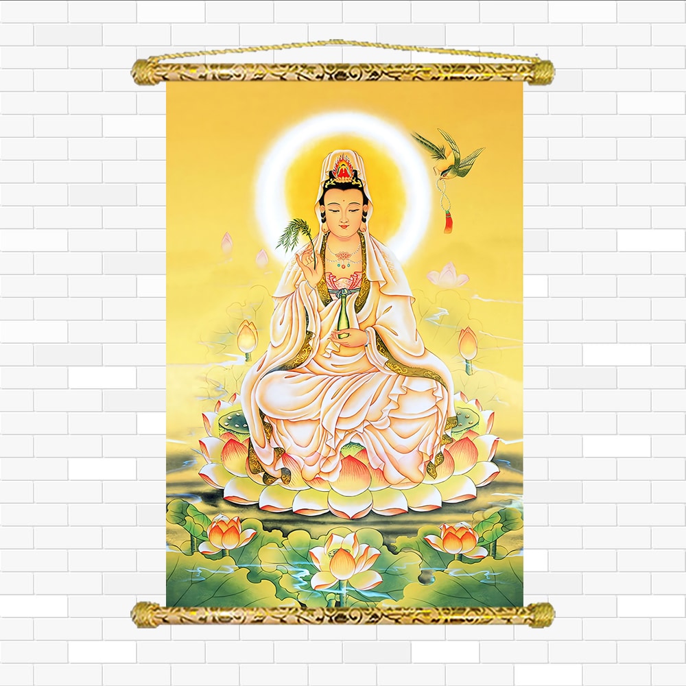 Quan Thế Âm Bồ Tát- Chất liệu Vải canvas nẹp sáo gỗ - Có sẵn phụ kiện treo tranh Q2065