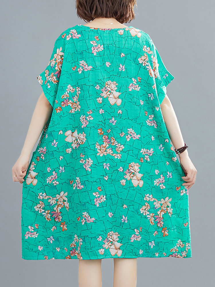 Women Loose Dress Vintage Floral Print Pockets Short Sleeve Oversized Holiday Boho Casual Shift Dress