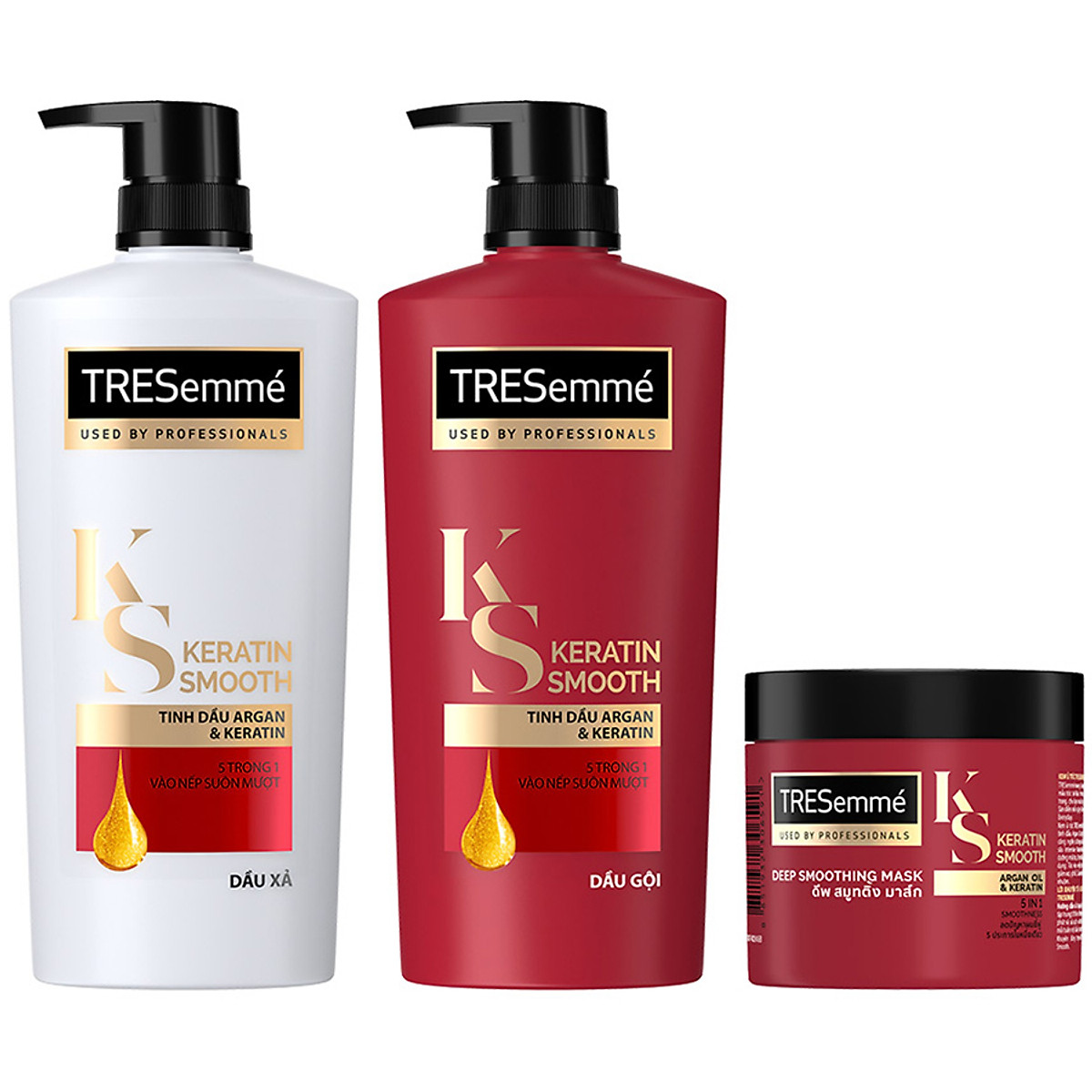 Combo Gội 640g, Xả 620g & Ủ 180ml TRESEMME Keratin Smooth với Dầu Dưỡng tóc Argan & Keratin Combo Dầu gội xả và kem ủ giúp Vào Nếp Suôn Mượt 640g, 620g, 180ml