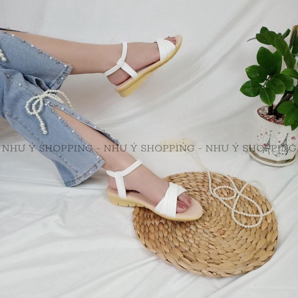 Giày sandal nữ đi học quai chéo cách điệu 2 màu đen trắng xinh xắn đế 2cm đi chơi, đi học, đi biển -tb3van