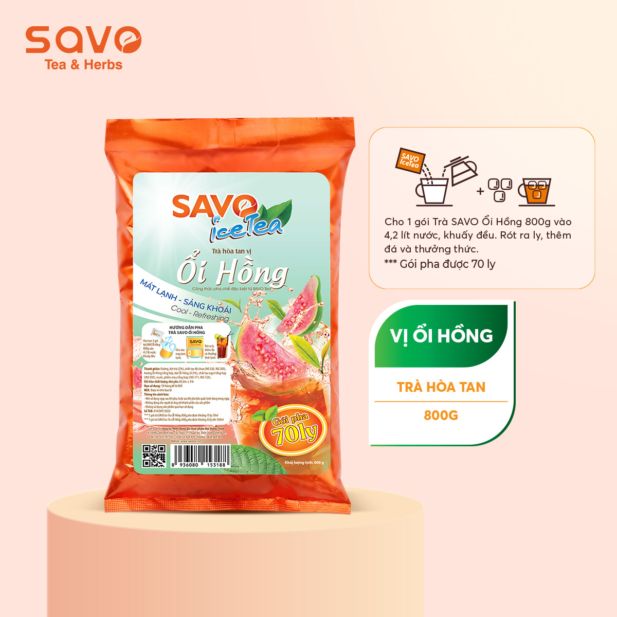 Trà Ổi Hồng SAVO Icetea hoà tan túi 800gram