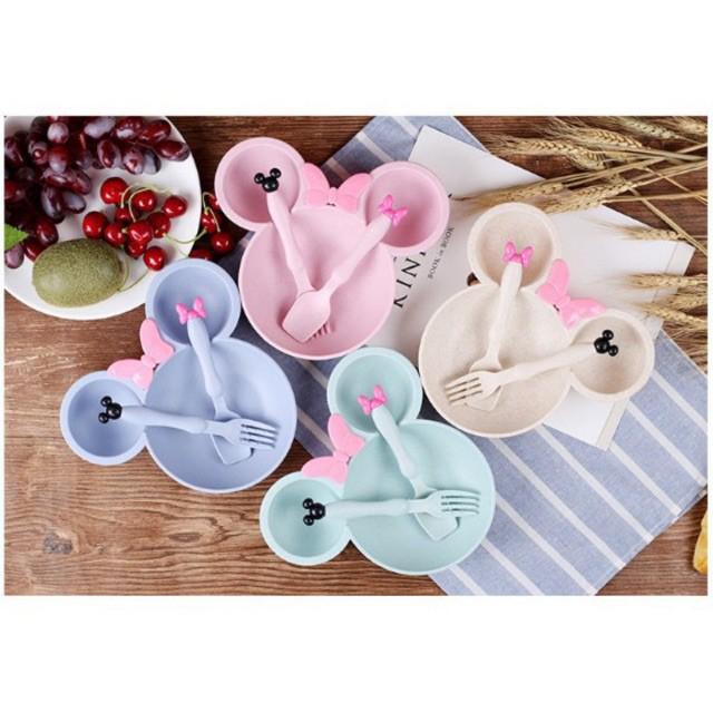 Combo 2 Khay Ăn Dặm, Bát Ăn Dặm Lúa Mạch Hình Micky Siêu Đẹp, Bộ Bát Kèm Thìa Dĩa Cực Rẻ