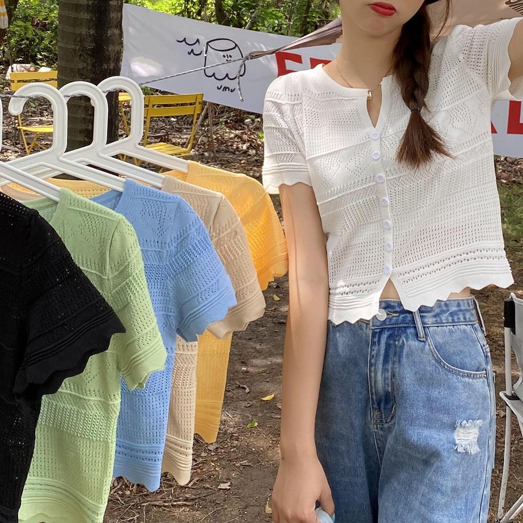 Áo len mongtoghi nữ croptop tay ngắn dệt kim họa tiết kiểu cổ V thời trang phong cách hàng Quảng Châu cao cấp