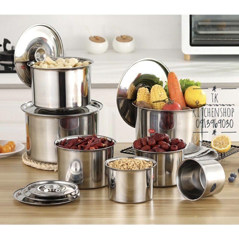 Tô - Âu - Hũ inox tròn đựng thực phẩm có nắp làm bằng inox sáng bóng