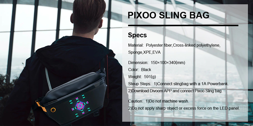 Túi đeo chéo đèn Led, Divoom Pixoo Slingbag gen 3 (có sẵn), màn hình led, túi đeo vai, túi đeo hông, chống thấm