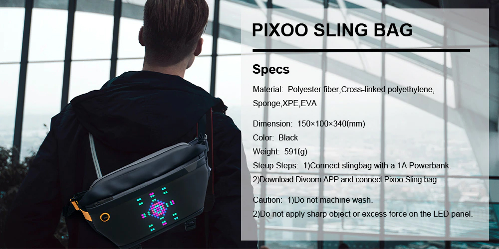 Túi đeo chéo đèn Led, Divoom Pixoo Slingbag gen 3 , màn hình led, túi đeo vai, túi đeo hông, chống thấm