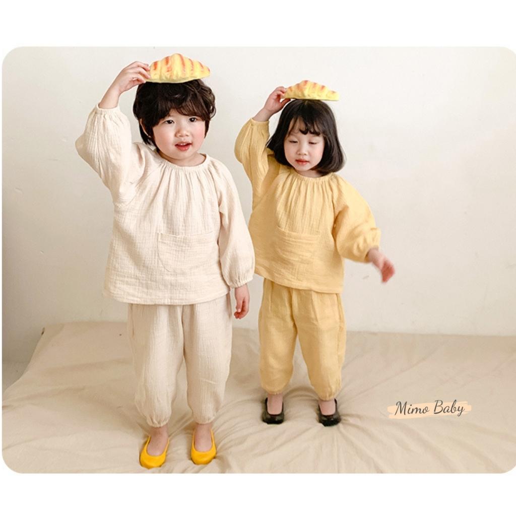 Bộ quần áo dài tay vải xô muslin cao cấp phối túi bụng đáng yêu cho bé QA42 Mimo Baby