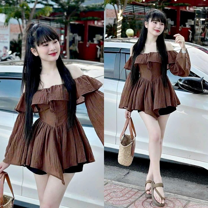 ĐẦM SET ÁO TRỄ VAI TAY LOE DÀI ÔM BODY + QUẦN NGẮN SHORT ỐNG RỘNG LƯNG CAO ĐI TIỆC ĐI CHƠI DẠO PHỐ GIÁNG SINH NOEL ĐI BIỂN