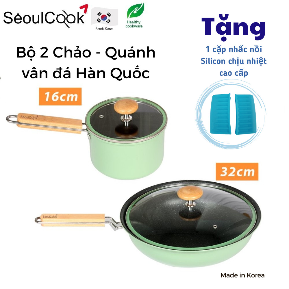 Tặng cặp nhấc nồi silicon-Bộ nồi chảo chống dính 2 món đáy từ, quánh 16cm + chảo sâu lòng 32cm cao cấp Hàn Quốc, chống dính vân đá an toàn cho sức khỏe, dùng được tất cả các loại bếp/ Induction