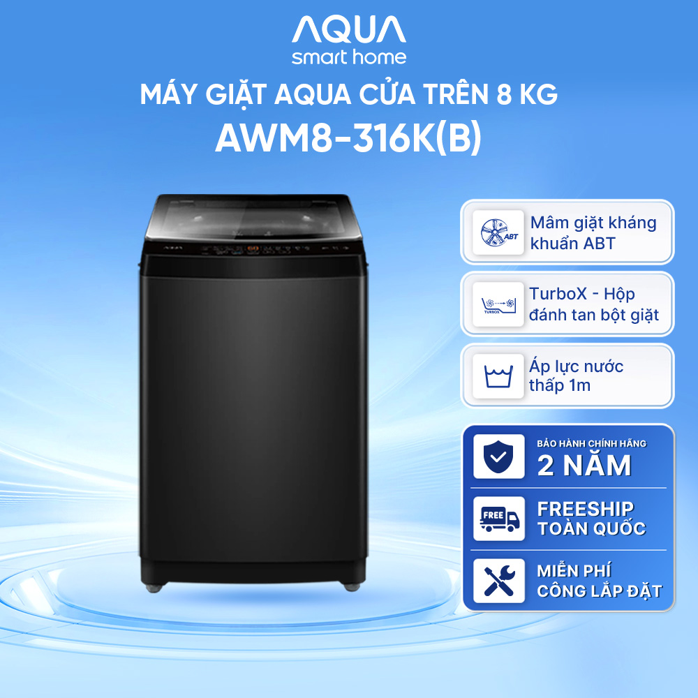 Máy giặt Aqua 8 kg AWM8-316K(B) - Bảo hành 2 năm - Hỗ trợ lắp đặt - Hàng chính hãng