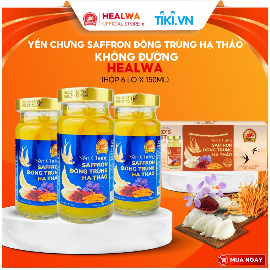 Hộp yến chưng Saffron đông trùng hạ thảo không đường Healwa (1 hộp 6 lọ x 150ml) với 15% yến nguyên chất