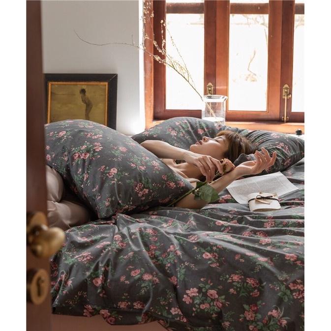 Bộ Chăn Ga Gối Cotton living 100%cotto Hàng Nhập Khẩu Cao Cấp 4 Món Hoa Hồng Đen Cực Xinh Lại Sạch