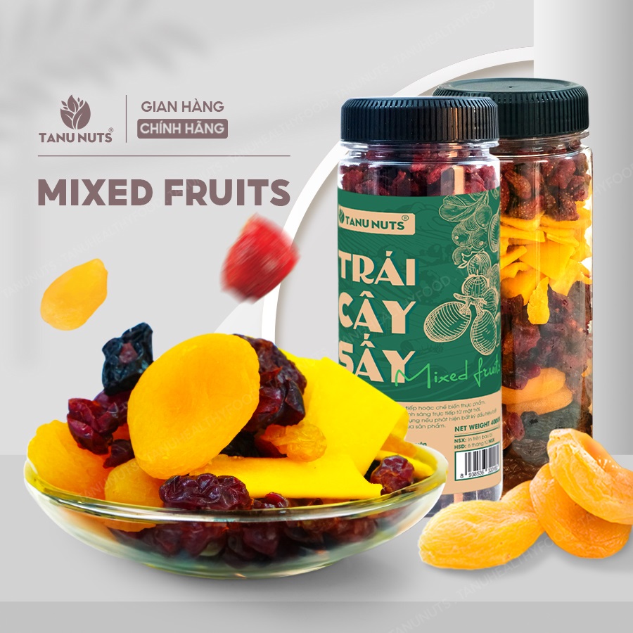 Trái cây sấy dẻo không đường TANU NUTS Mix Fruits 5 loại gồm mơ, xoài sấy, dâu sấy, nho khô, việt quất 400g