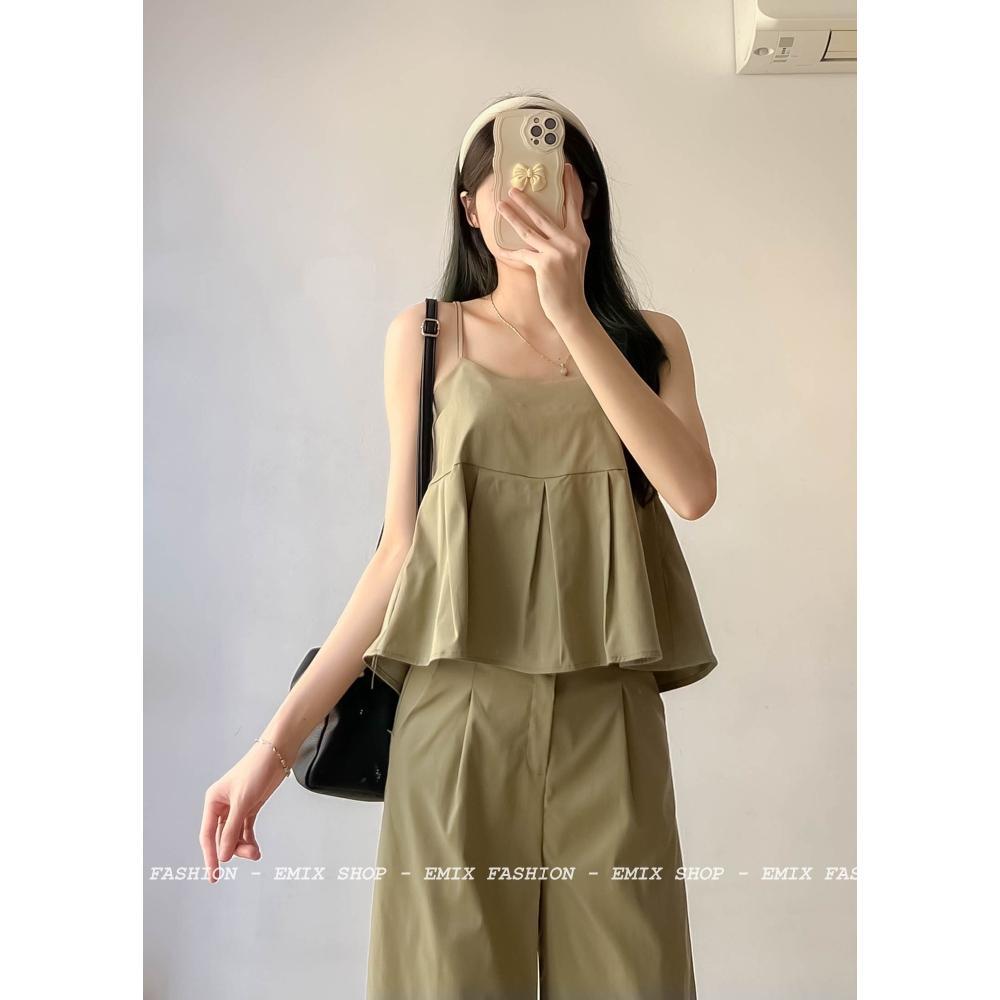 Set áo 2 dây và quần suông dài chất 2 da EMIX, bộ đi chơi, freesize dưới 55kg, cạp cao chun có co giãn, chất 2 da 566