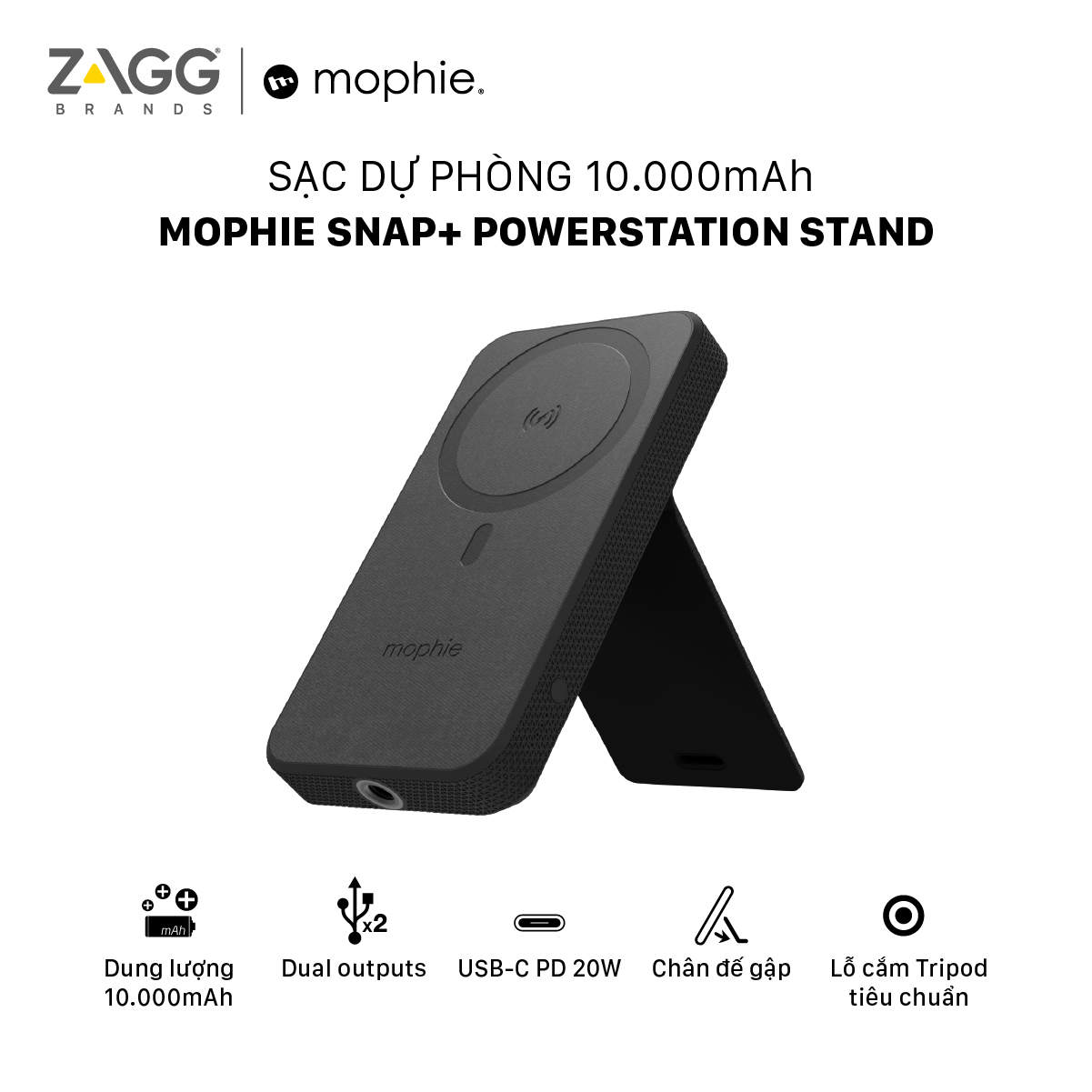 Sạc dự phòng không dây Mophie Snap+ Powerstation Stand 10,000mAh - Hàng chính hãng