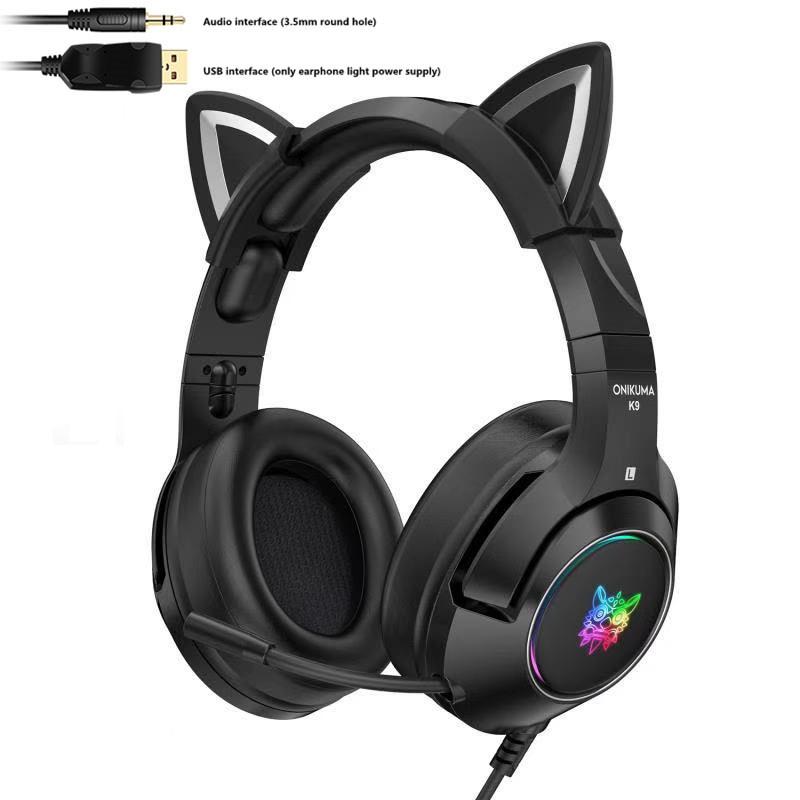 Mới K9 Đen Quỷ Phiên Bản Mèo Tai Cô Gái Tai Nghe Chơi Game RGB Dạ Quang Điện Thoại Di Động Máy Tính Giảm Tiếng Ồn Có Mic