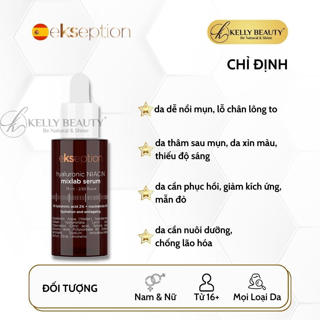 ekseption hyaluronic NIACIN mixlab serum - Tinh Chất Ngừa Mụn, Giảm Thâm; Sáng Da và Se Nhỏ Lỗ Chân Lông - Kelly Beauty