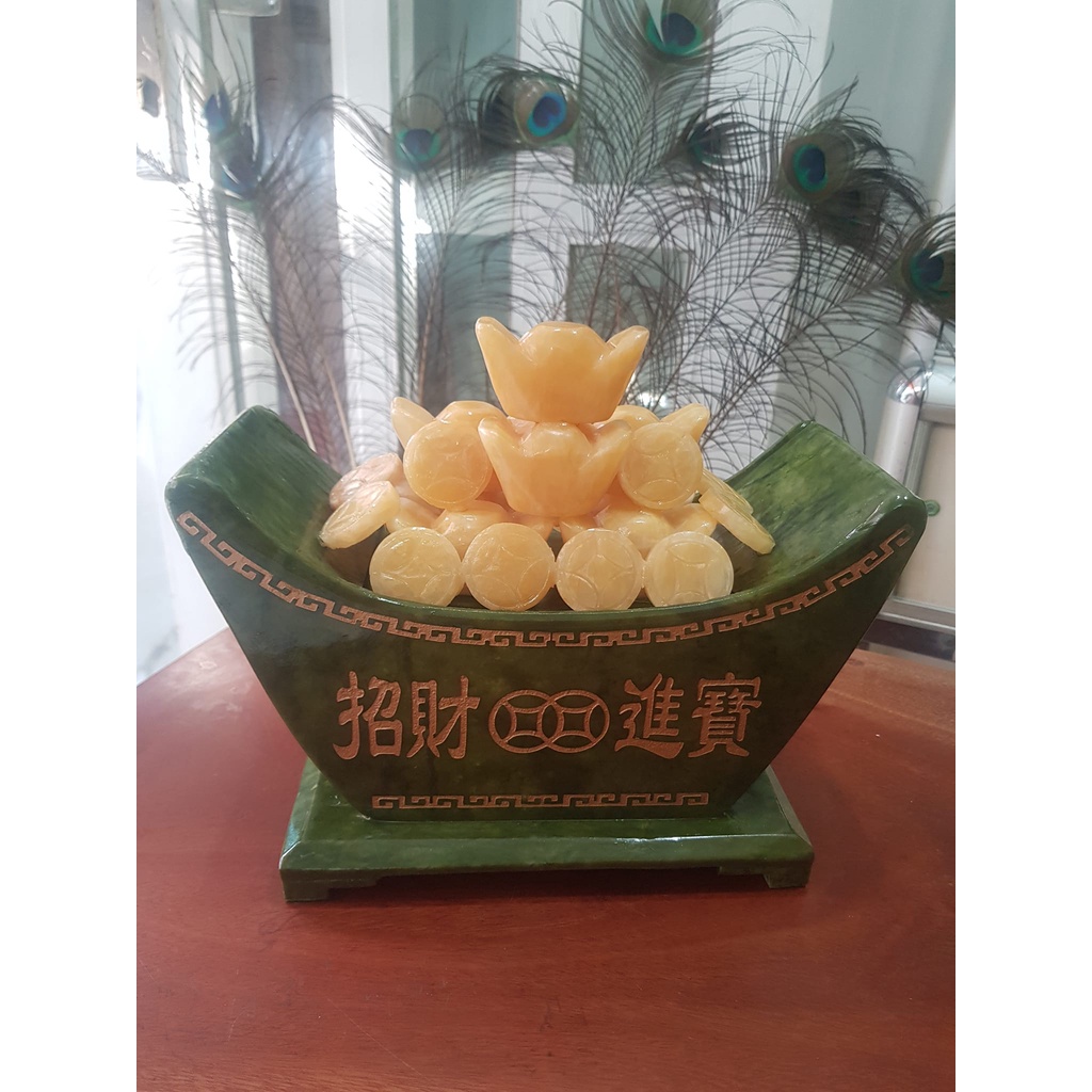 Tượng Chiếc Thuyền Phong Thủy Tài Lộc Chở Đầy Xiền Vàng Thỏi Vàng Quá Xá Đẹp Size Ngang 27cm x Cao 17cm x Sâu 13,5cm Thuyền Serpentine Xanh Thỏi Xiền vàng đẹp ơi là đẹp nặng 3,7kg may mắn tài lộc ạ