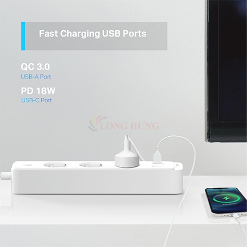 Ổ cắm điện Wifi TP-Link Tapo Smart Wifi Роwеr Strip 2USB 1Type-C 1.5m 18W P300 - Hàng chính hãng