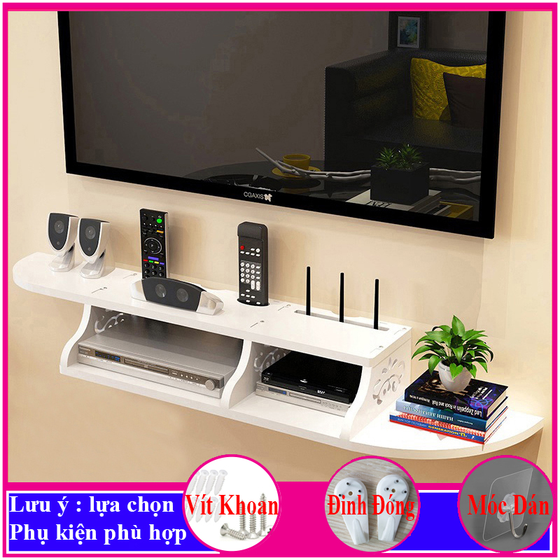 Kệ treo tường, kệ tivi kệ đặt modem wifi, đầu thu kỹ thuật số, remote, điện thoại, chất liệu gỗ Pitech cao cấp màu trắng - a15