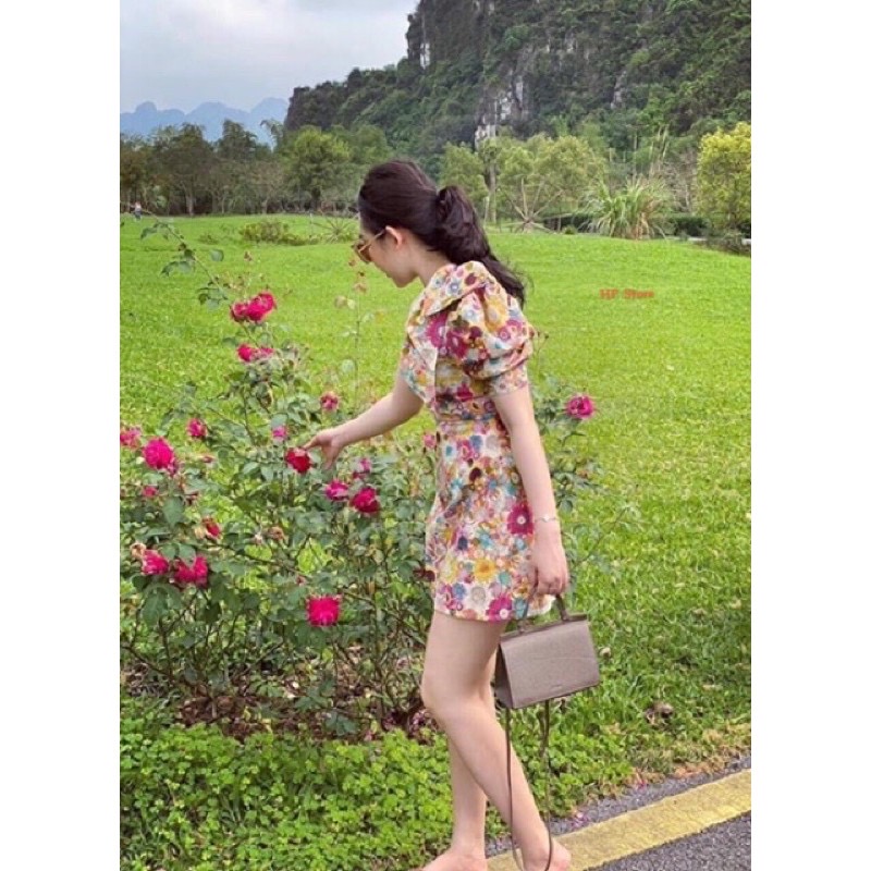Đầm Nữ Hoa Hướng Dương, Nơ Tay Phồng Lệch Vai