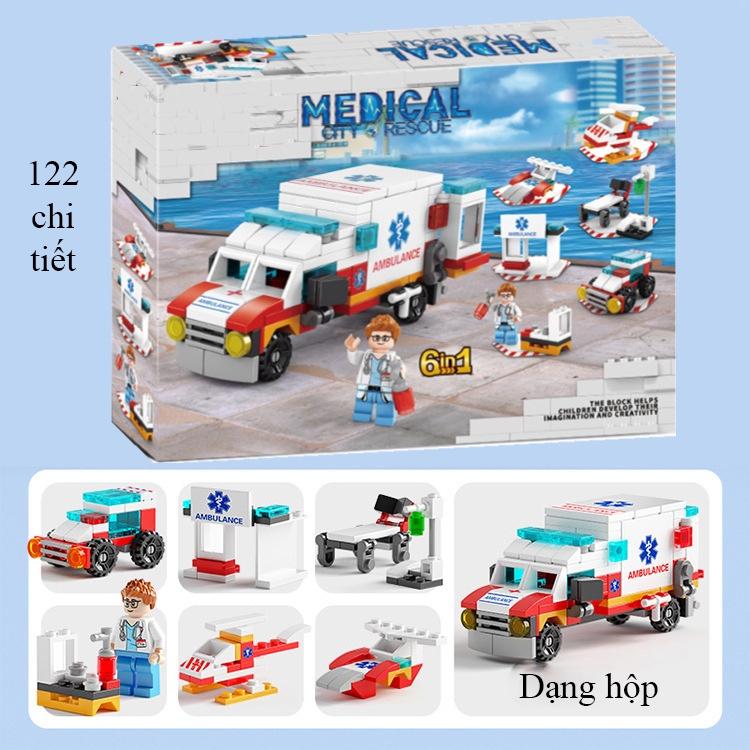 Đồ chơi KAVY lắp ráp xe cứu hỏa, cánh sát, máy bay trực thăng, cứu thương, xe công trình nhiều chi tiết