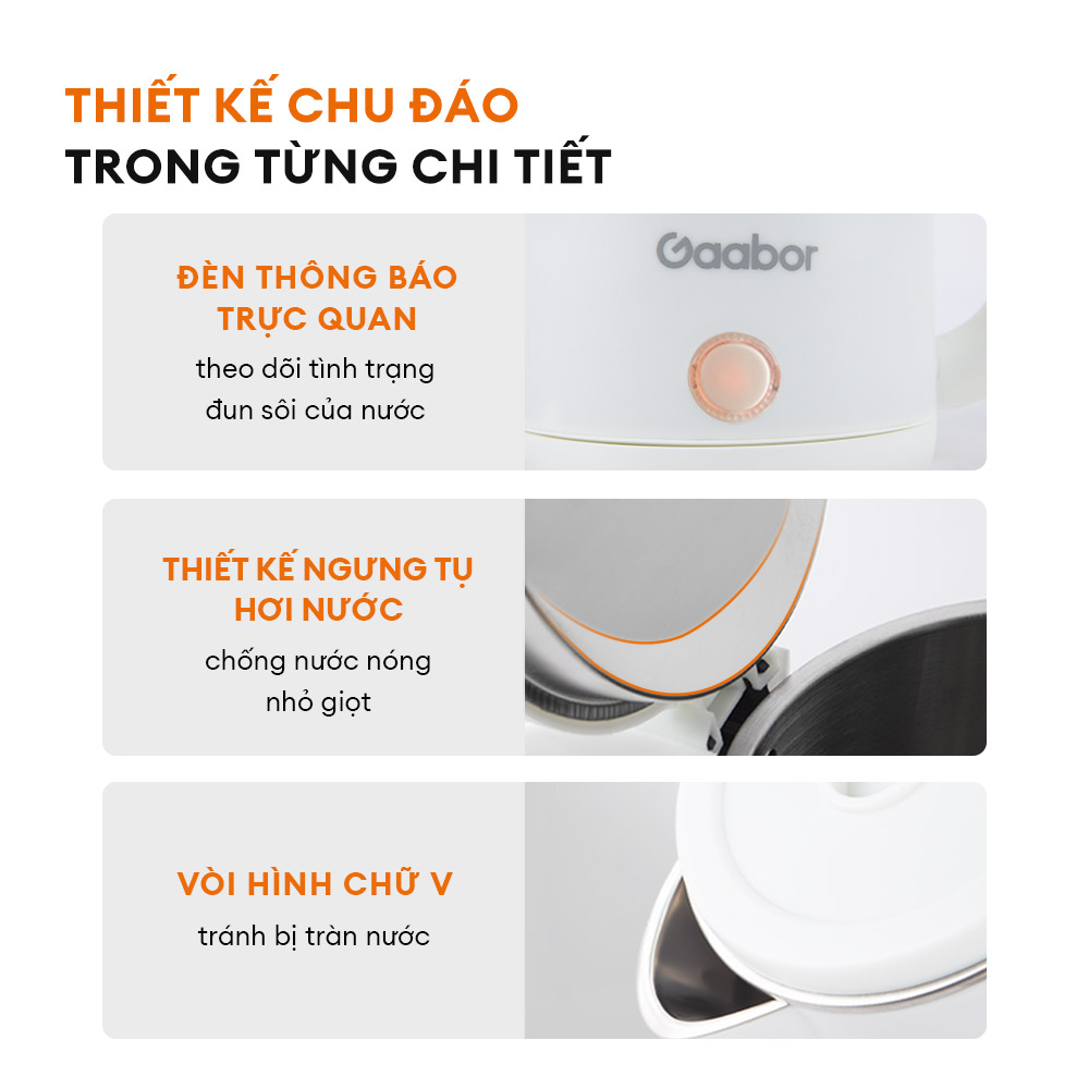 Ấm đun nước siêu tốc GAABOR EK20M-WH02A/WH01A dung tích 2L 1500W không gỉ - Hàng chính hãng