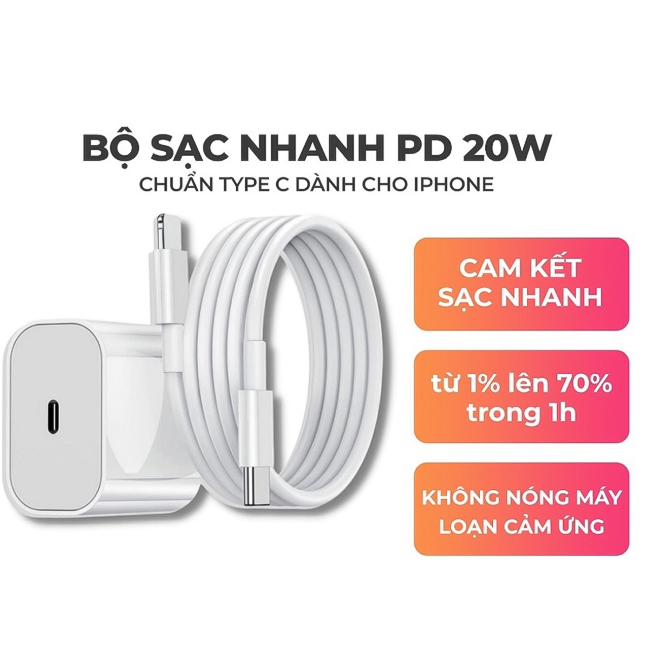 Bộ củ cáp sạc nhanh Vinetteam PD20W không nóng máy, an toàn ổn định khi sử dụng - hàng chính hãng