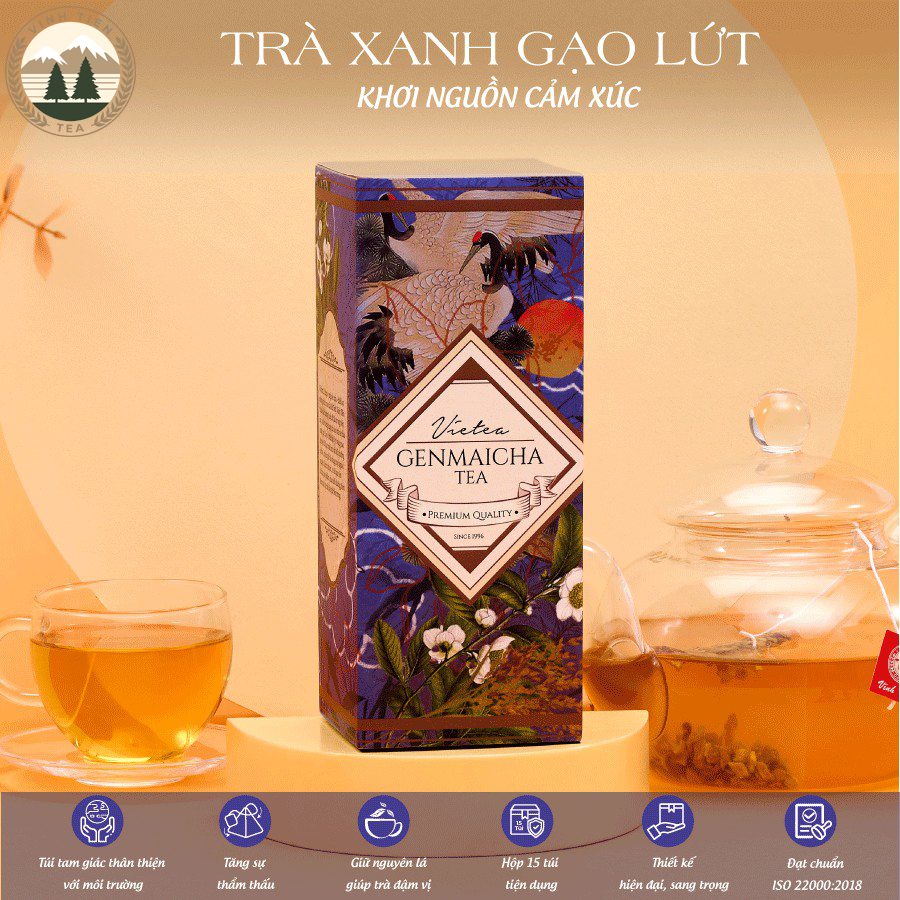 Trà Xanh Gạo Lứt Túi Tam Giác Vĩnh Tiến (Hộp 15 túi x 2,5g) - Chống oxy hóa, đẹp da, giải độc gan.