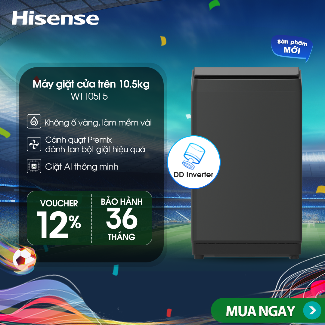 |SP MỚI 2025| Máy giặt Hisense Inverter 10.5kg WT105F50 Giặt AI, Mềm vải sạch sâu, Bảo hành 3 năm - HÀNG CHÍNH HÃNG
