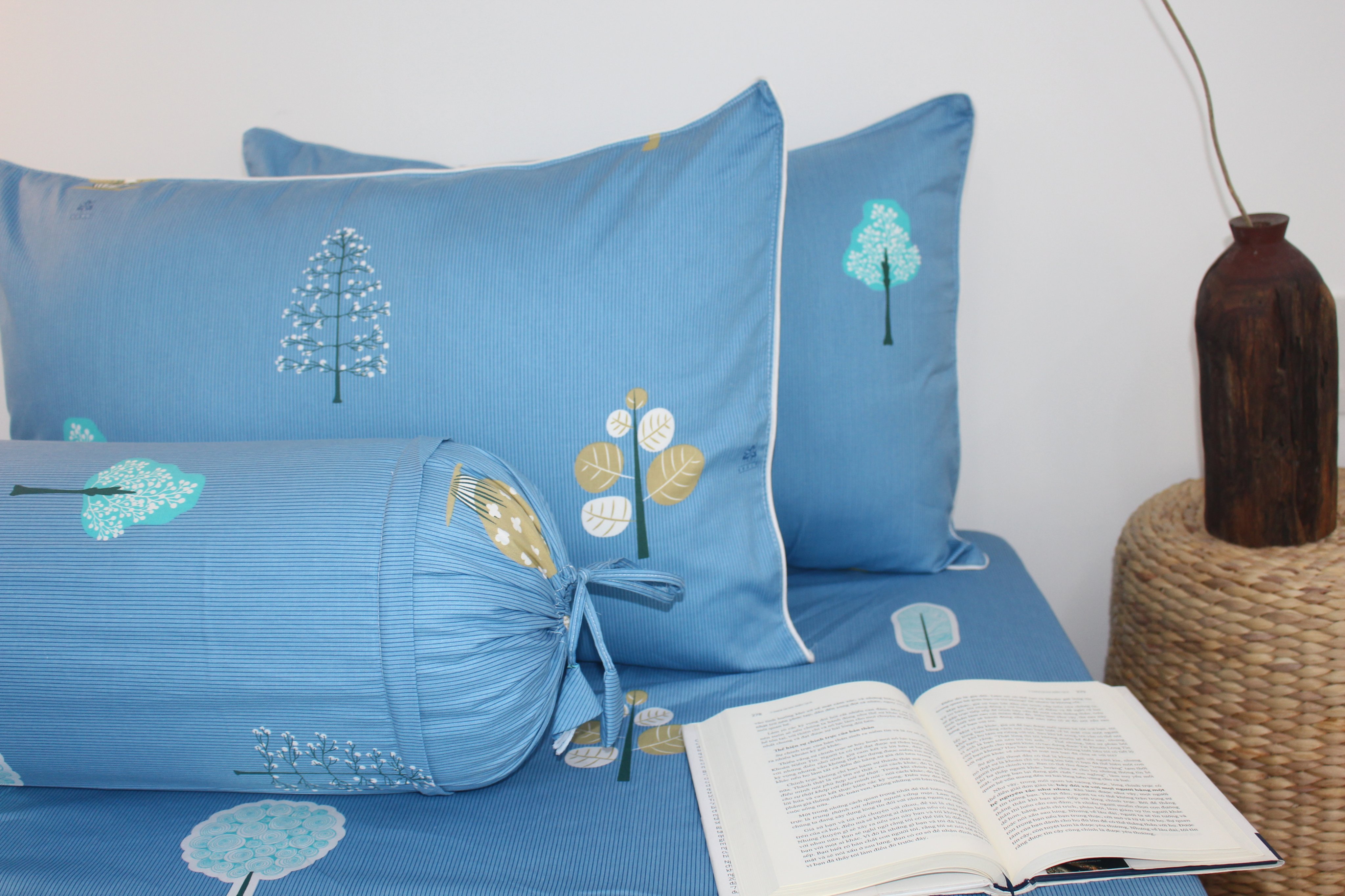 Bộ drap gối KHA LY - 100% cotton thiên nhiên - Tree Xanh - VN233