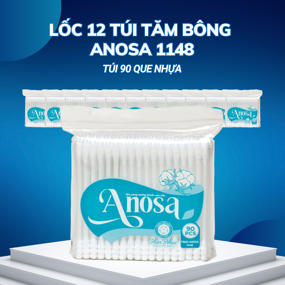 Lốc 12 túi Tăm bông Anosa người lớn thân nhựa túi 90 que TB01-1148