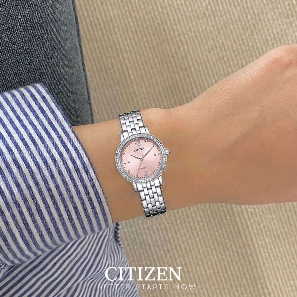Đồng Hồ Nữ Citizen Pin-Quartz Đính Đá Swarovski Dây Thép Không Gỉ EL3100-55W - Mặt Hồng (31mm)