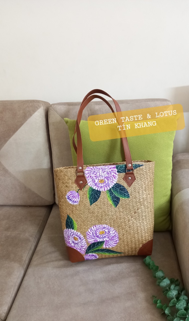 Túi Cói, Túi Tote Cỏ Bàng Vẽ Hoa Tú Cầu Cao Cấp, Chuẩn Đẹp-Giỏ Xách Cỏ Bàng TXCBVHTCLTK03