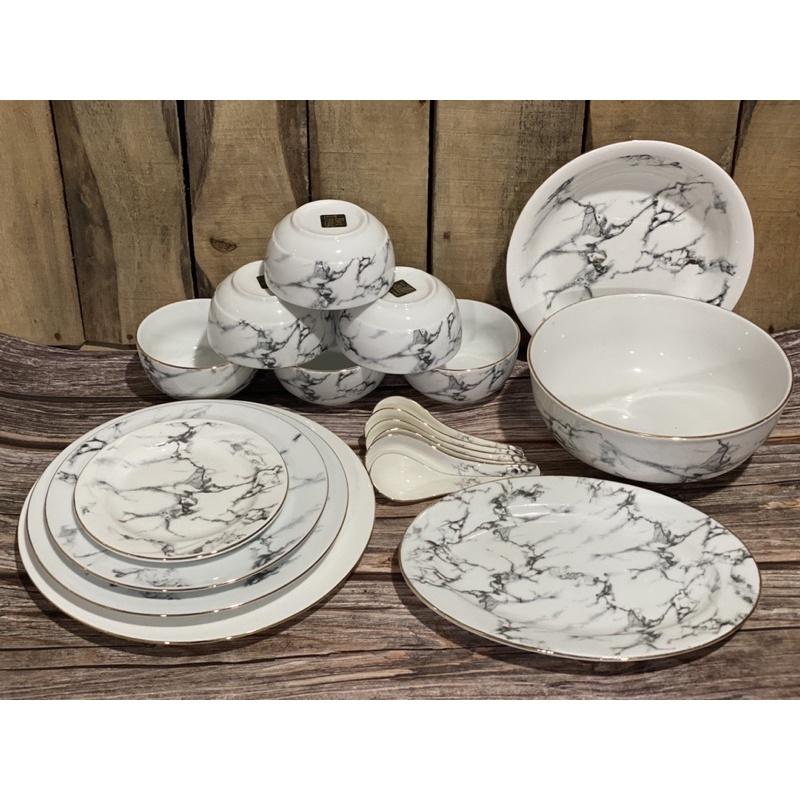 Bộ bát đĩa sứ, bộ đồ ăn Bát Tràng viền vàng , vân đá (19 sản phẩm) giá 1tr2 - Gốm sứ Huấn Hải