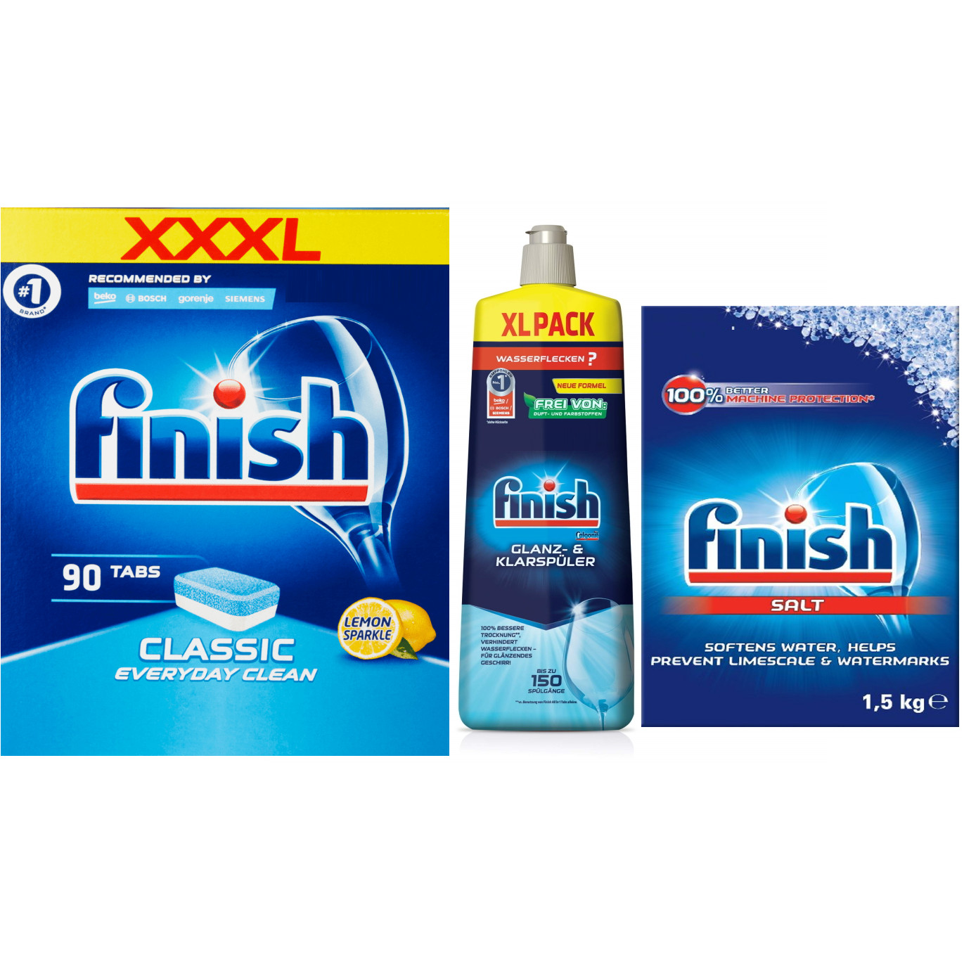 Combo Viên rửa bát Finish 90v +  Bóng Finish 750ml + Muối rửa chén finish 1,5kg