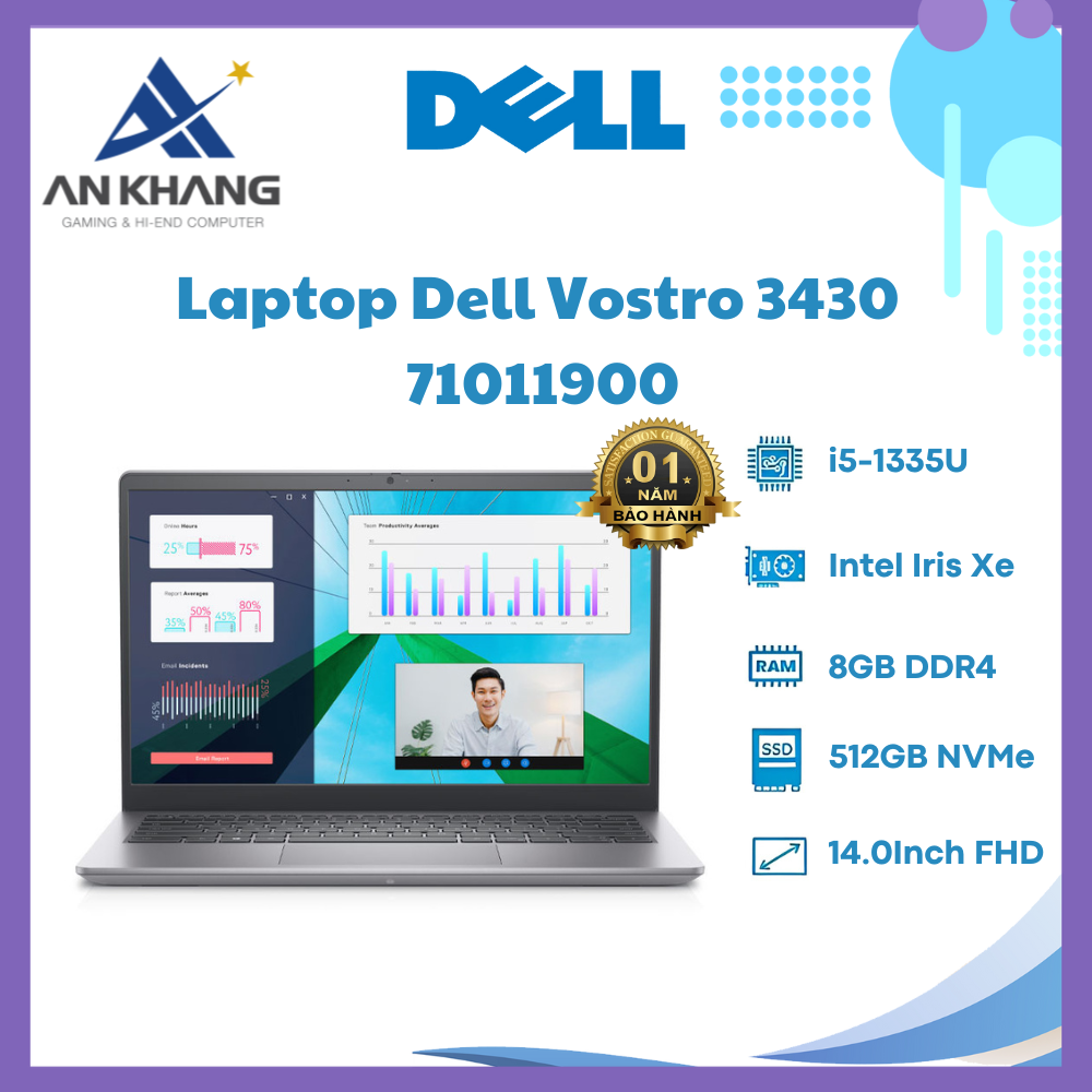 Laptop Dell Vostro 3430 71011900 (Intel Core i5-1335U | 8GB | 512GB | Intel Iris Xe | 14 inch FHD | Win 11 | Office) - Hàng Chính Hãng - Bảo Hành 12 Tháng