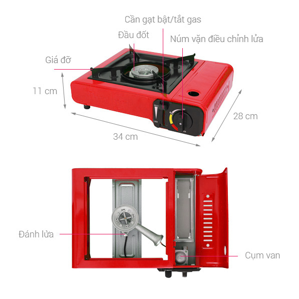 Bếp gas du lịch mini cao cấp Kokoro - Hàng chính hãng, tiết kiệm gas (thân sơn tĩnh điện màu đỏ)