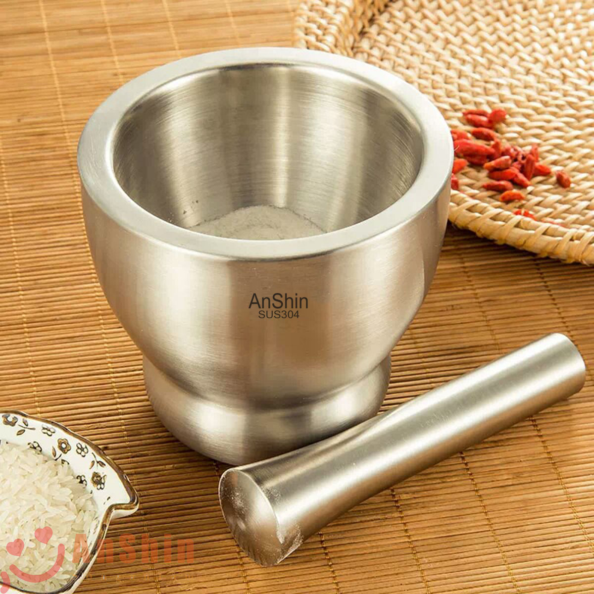 Cối chày Inox 304 Anshin - dáng ly đường kính 13, 15cm