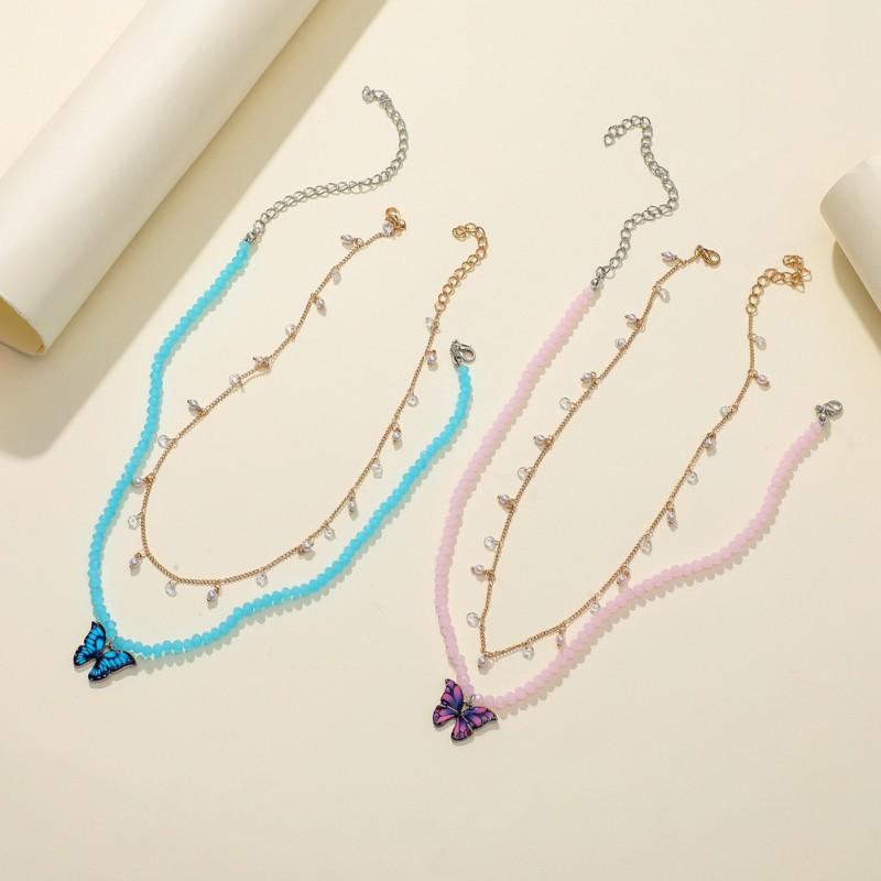 BUTTERFLY Dây Chuyền Hai Lớp Mặt Hình Bướm Đính Đá Thời Trang Cho Nữ